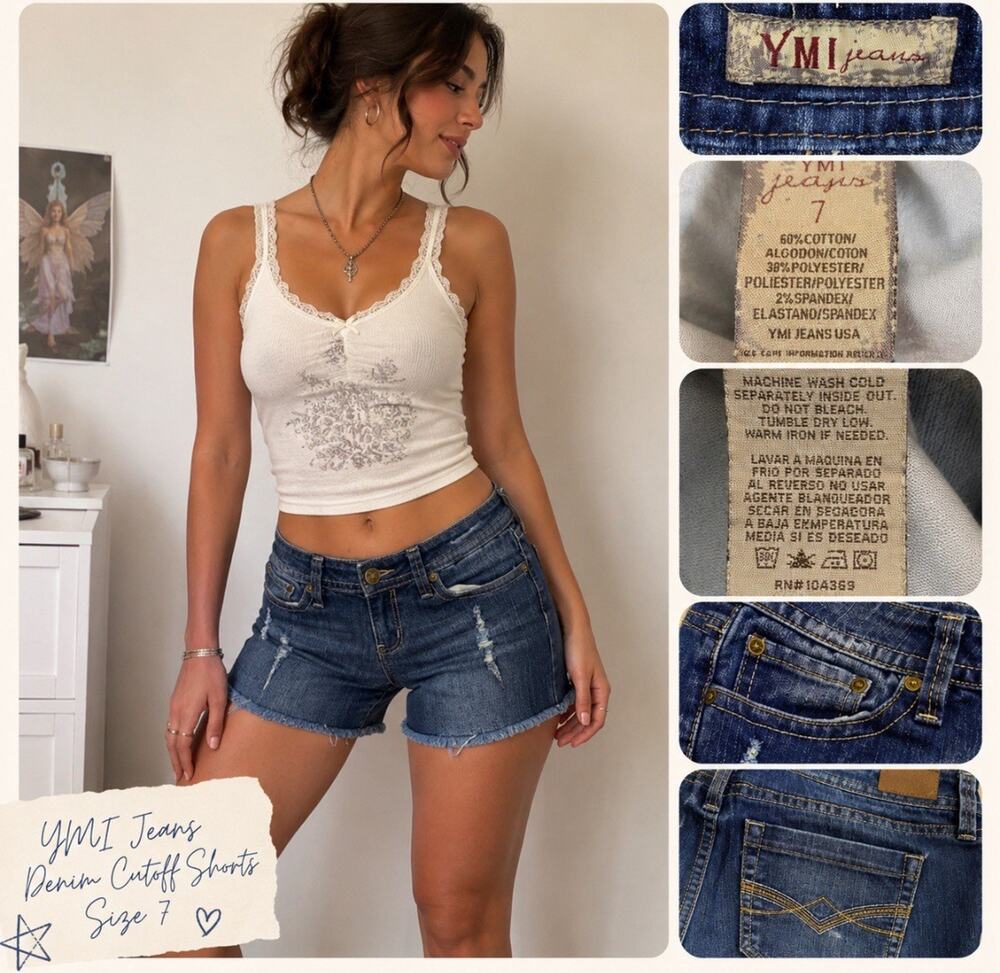 Y2K Indie Sleaze YMI Jeans Distressed Denim Cutoff Shorts 7 Dark Wash Indigo